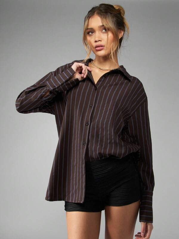missguided MISSGUIDED Professional Oversized Long Sleeve Collared Pinstripe Blouse