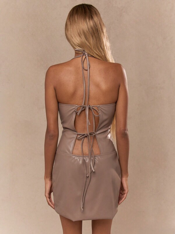 Missguided MISSGUIDED PU Halter Neck Tie Back Bodycon Mini Dress