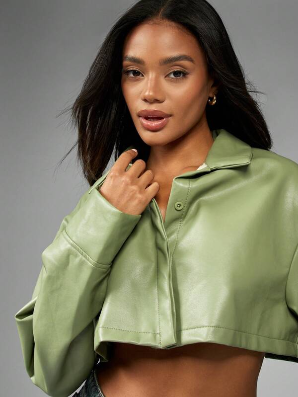 Missguided MISSGUIDED Pu Leather Cropped Collar Long Sleeve Button-Up Blouse