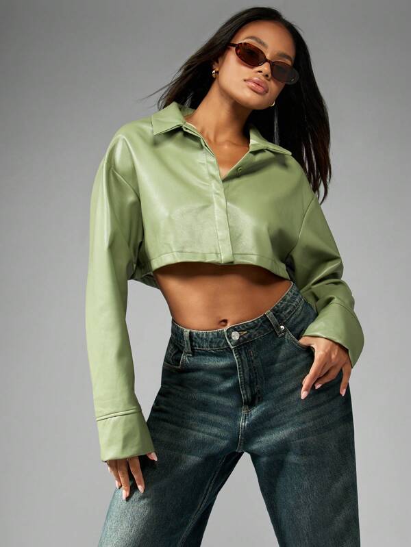missguided MISSGUIDED Pu Leather Cropped Collar Long Sleeve Button-Up Blouse