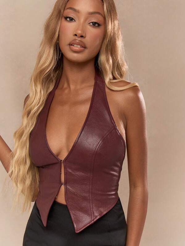 Missguided MISSGUIDED PU Plunge Halter Neck Open Back Tank Top