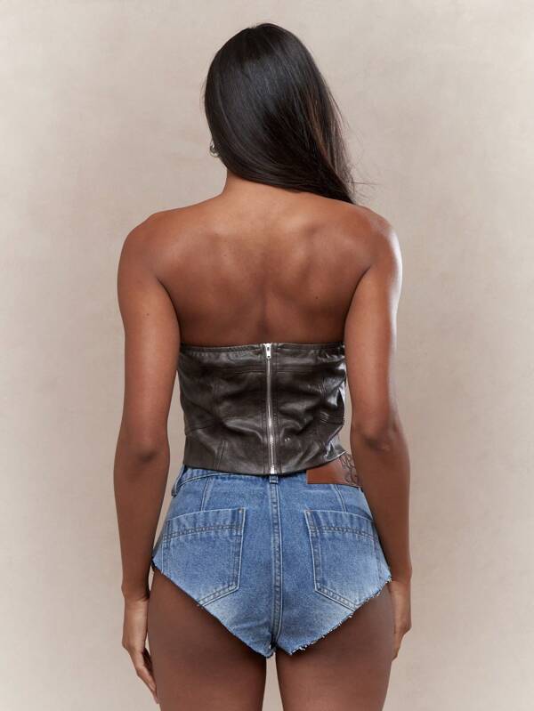 Missguided MISSGUIDED PU Zip Closure Back Corset Bandeau Crop Top