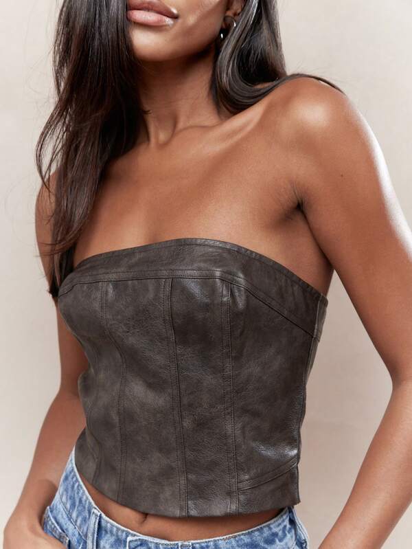 Missguided MISSGUIDED PU Zip Closure Back Corset Bandeau Crop Top
