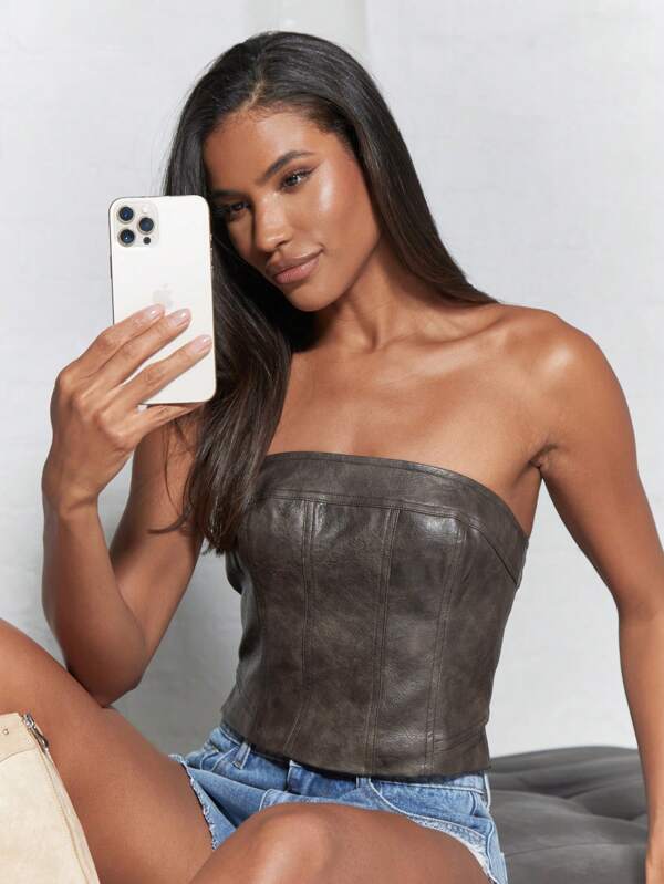 missguided MISSGUIDED PU Zip Closure Back Corset Bandeau Crop Top