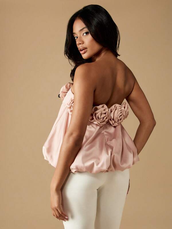 Missguided MISSGUIDED Puff Ball Top With Rose Embellishments And Bubble Hem