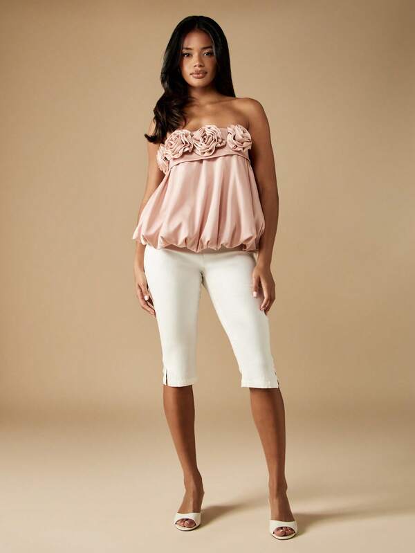 Missguided MISSGUIDED Puff Ball Top With Rose Embellishments And Bubble Hem
