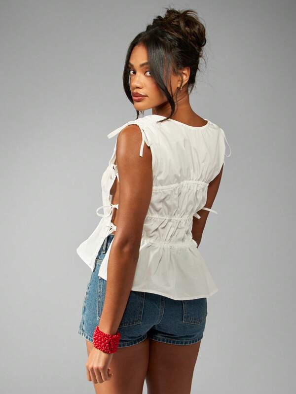 Missguided MISSGUIDED Puff Sleeve Blouse Shirred Ruched Side Tie