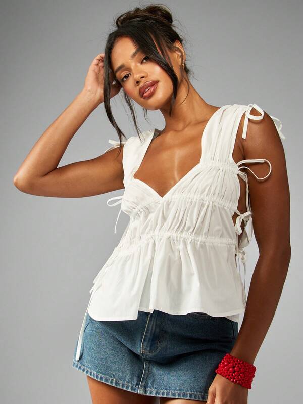 Missguided MISSGUIDED Puff Sleeve Blouse Shirred Ruched Side Tie