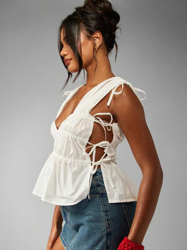 missguided MISSGUIDED Puff Sleeve Blouse Shirred Ruched Side Tie