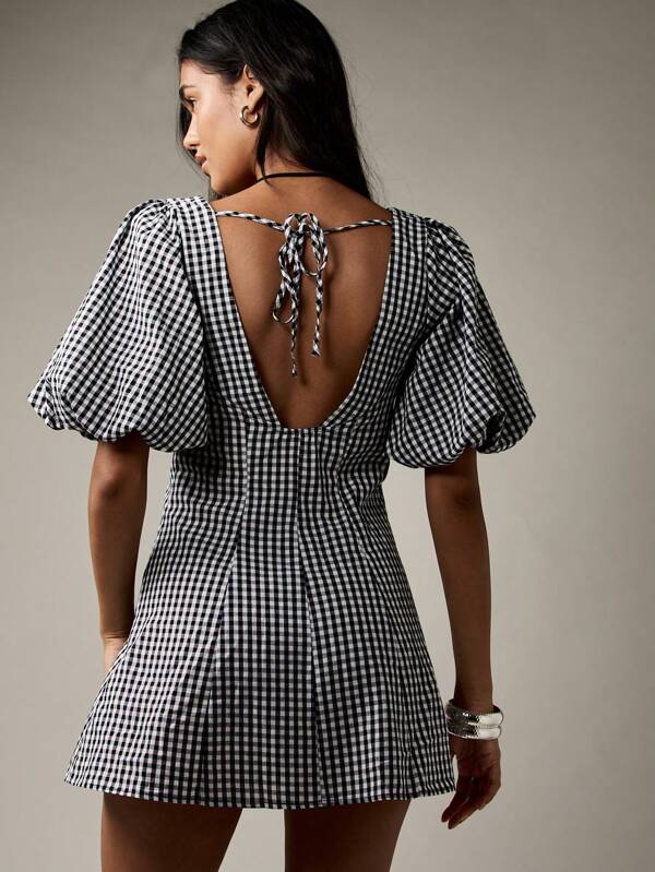 Missguided MISSGUIDED Puff Sleeve Button Down Gingham Print Sweetheart Neckline Mini Dress