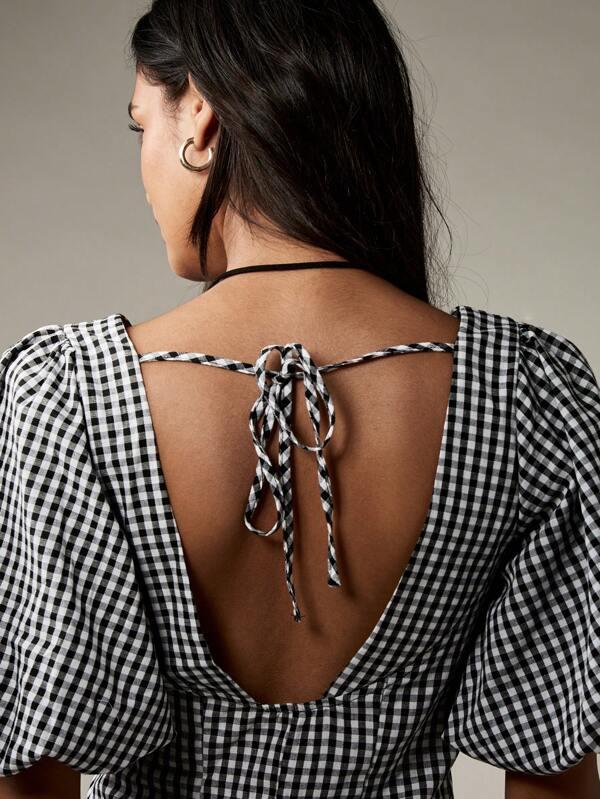 Missguided MISSGUIDED Puff Sleeve Button Down Gingham Print Sweetheart Neckline Mini Dress