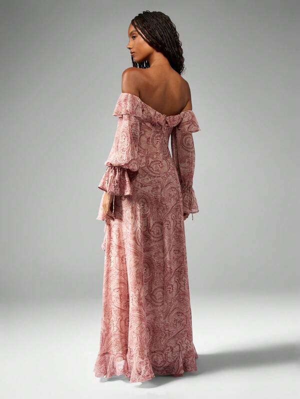Missguided MISSGUIDED Puff Sleeve Chiffon Ruffle Detail Long Dress