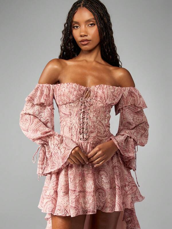 Missguided MISSGUIDED Puff Sleeve Chiffon Ruffle Detail Long Dress
