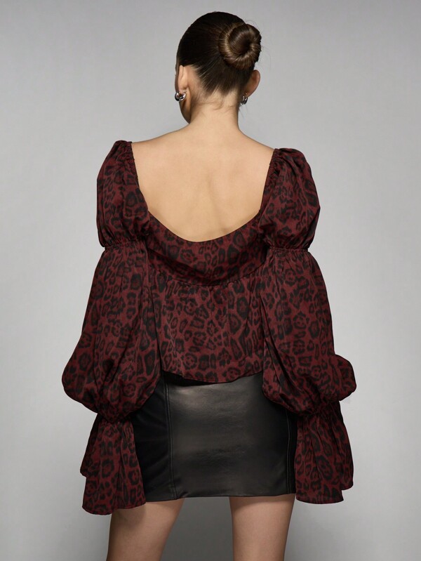 Missguided MISSGUIDED Puff Sleeve Corset Style Animal Print Square Neck Blouse