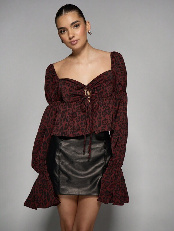 Missguided MISSGUIDED Puff Sleeve Corset Style Animal Print Square Neck Blouse