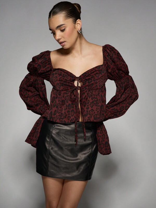 missguided MISSGUIDED Puff Sleeve Corset Style Animal Print Square Neck Blouse