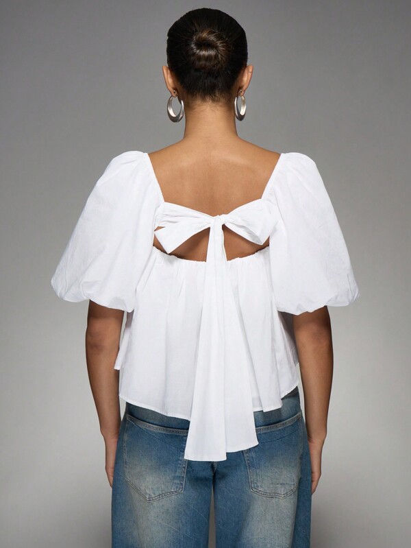 Missguided MISSGUIDED Puff Sleeve Cotton Poplin Blouse With Back Tie