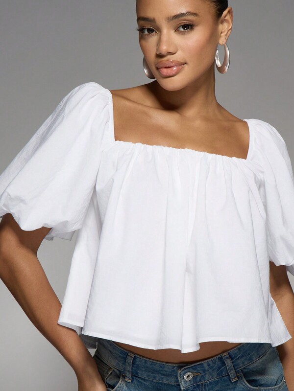 Missguided MISSGUIDED Puff Sleeve Cotton Poplin Blouse With Back Tie