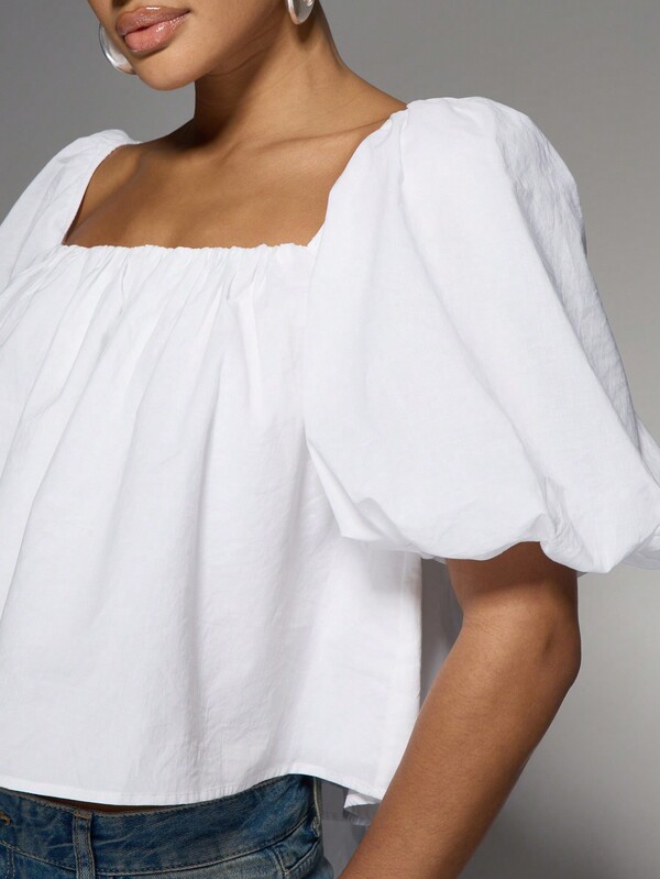 Missguided MISSGUIDED Puff Sleeve Cotton Poplin Blouse With Back Tie