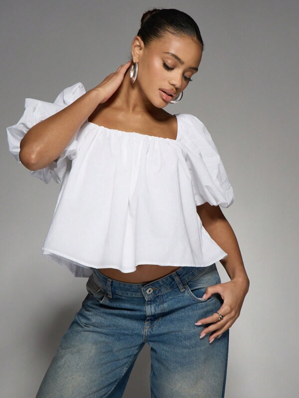 missguided MISSGUIDED Puff Sleeve Cotton Poplin Blouse With Back Tie