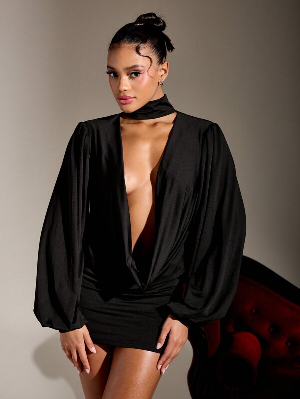 missguided MISSGUIDED Puff Sleeve Mini Dress With Choker And Cowl Neck