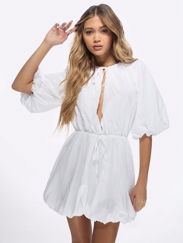 missguided MISSGUIDED Puff Sleeve Mini Dress With Drawstring Waist