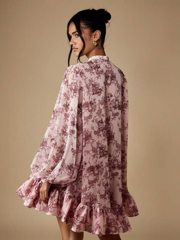Missguided MISSGUIDED Puff Sleeve Mini Dress With Ruffle Hem And Front Ties