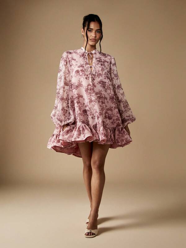 Missguided MISSGUIDED Puff Sleeve Mini Dress With Ruffle Hem And Front Ties