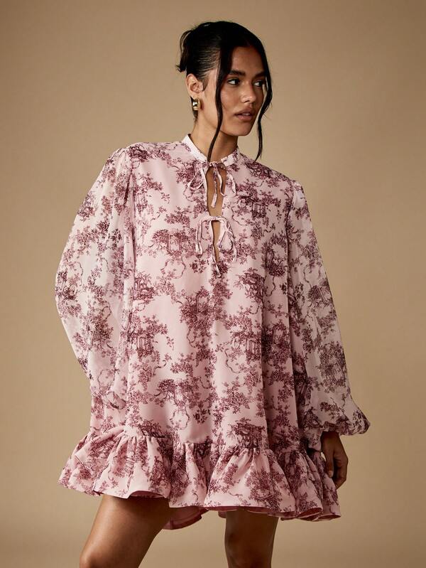 missguided MISSGUIDED Puff Sleeve Mini Dress With Ruffle Hem And Front Ties