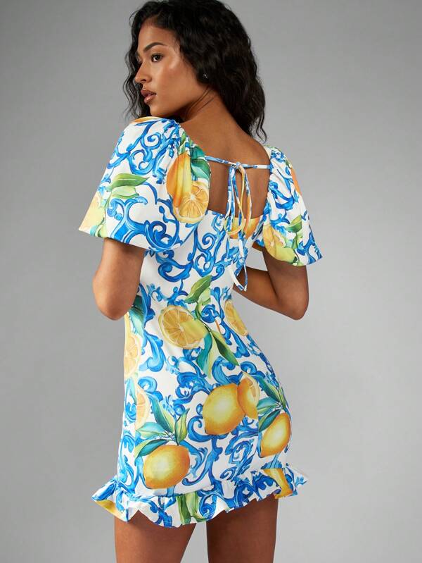 Missguided MISSGUIDED Puff Sleeve Mini Dress With Yellow Citrus Print Ruffle Hem