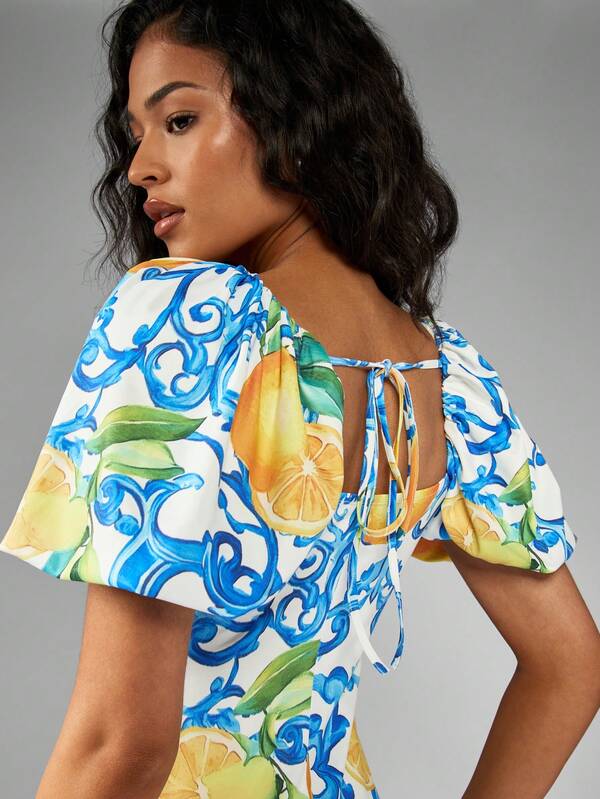 Missguided MISSGUIDED Puff Sleeve Mini Dress With Yellow Citrus Print Ruffle Hem