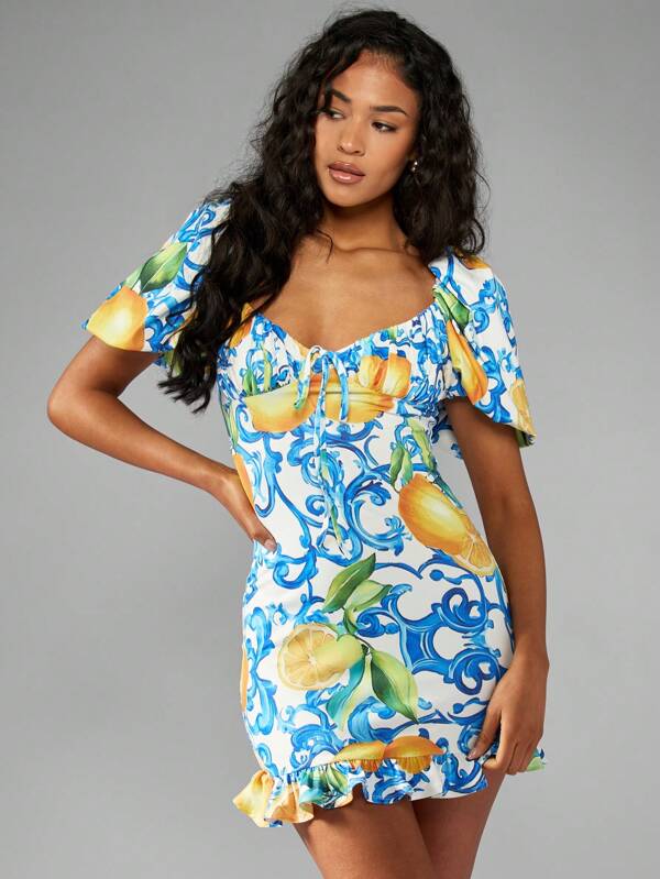 missguided MISSGUIDED Puff Sleeve Mini Dress With Yellow Citrus Print Ruffle Hem
