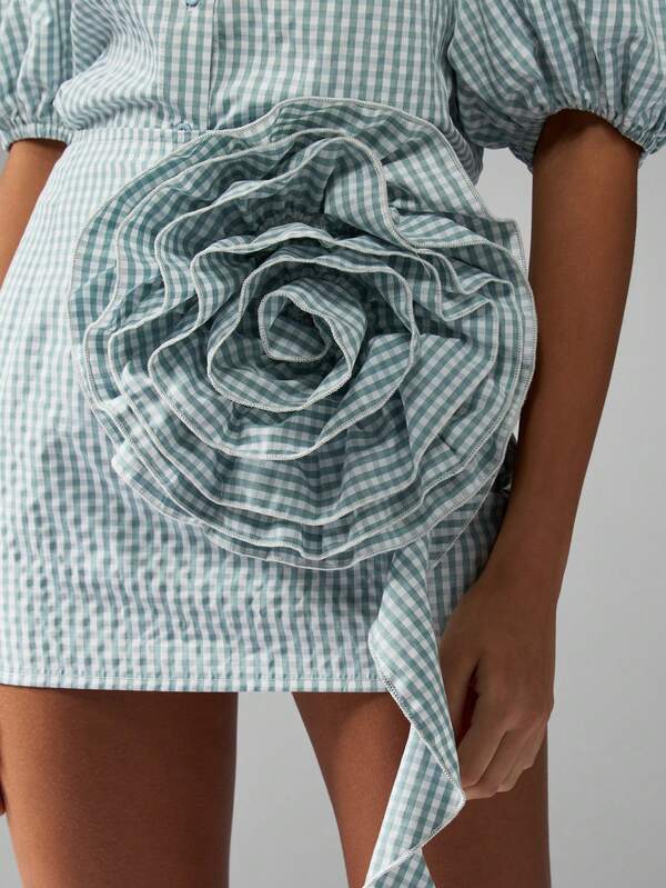 Missguided MISSGUIDED Puff Sleeve Mini Skirt Gingham Floral Two Piece Outfit