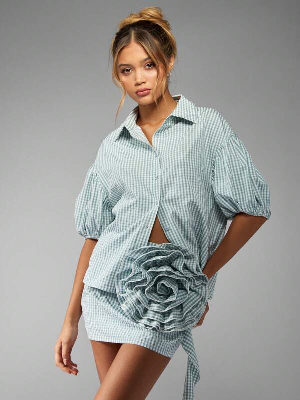 missguided MISSGUIDED Puff Sleeve Mini Skirt Gingham Floral Two Piece Outfit