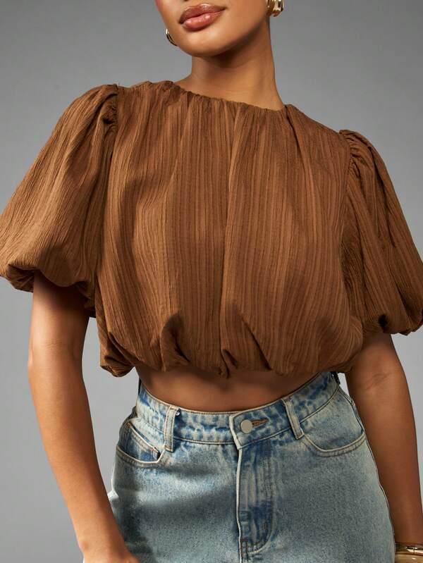 Missguided MISSGUIDED Puff Sleeve Pleated Crop Blouse With Gathered Neckline