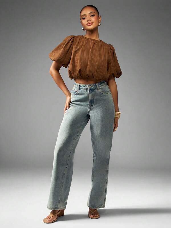 Missguided MISSGUIDED Puff Sleeve Pleated Crop Blouse With Gathered Neckline
