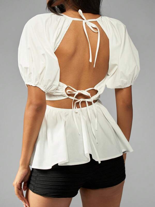 Missguided MISSGUIDED Puff Sleeve Poplin Blouse With Open Back Ties
