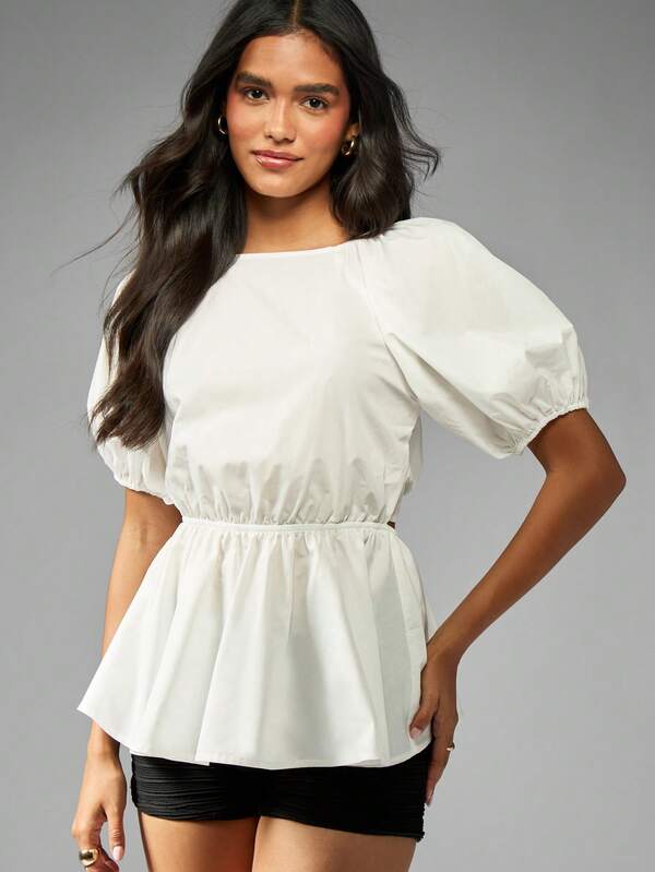 Missguided MISSGUIDED Puff Sleeve Poplin Blouse With Open Back Ties
