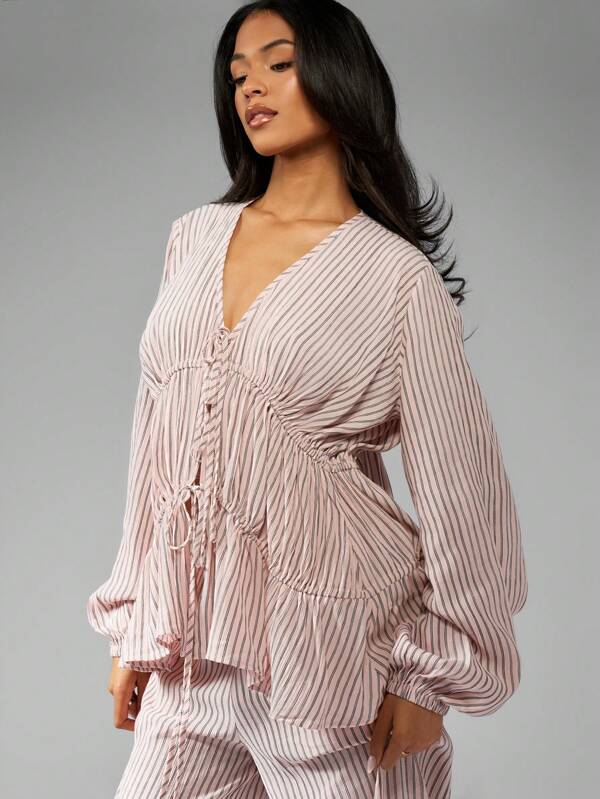 Missguided MISSGUIDED Puff Sleeve Ruched Waist Wide Leg Two Piece Outfit