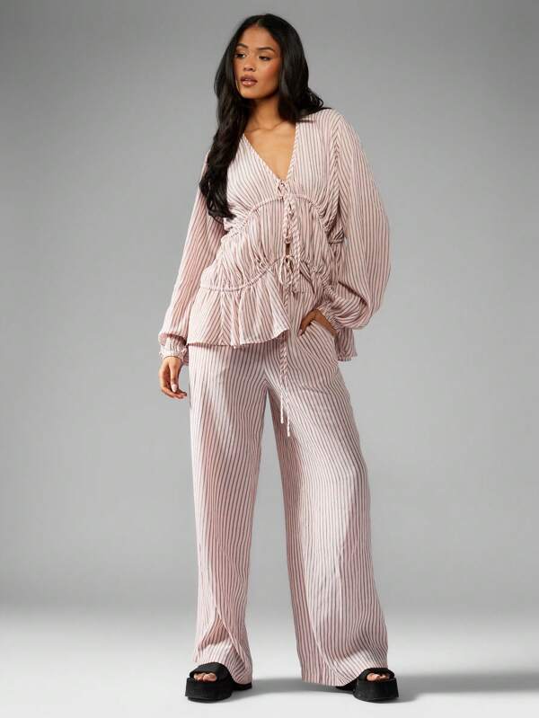 missguided MISSGUIDED Puff Sleeve Ruched Waist Wide Leg Two Piece Outfit