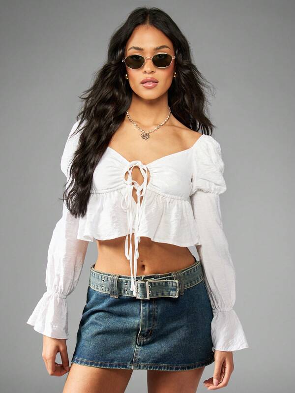 Missguided MISSGUIDED Puff Sleeve Ruffle Trim Corset Blouse