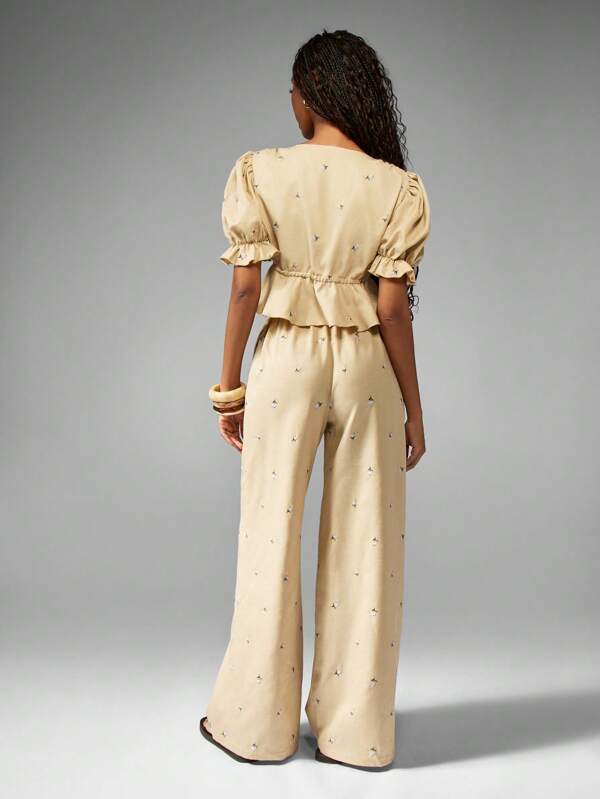 Missguided MISSGUIDED Puff Sleeve Ruffle Wide Leg Coordinates Set