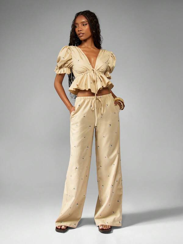 Missguided MISSGUIDED Puff Sleeve Ruffle Wide Leg Coordinates Set