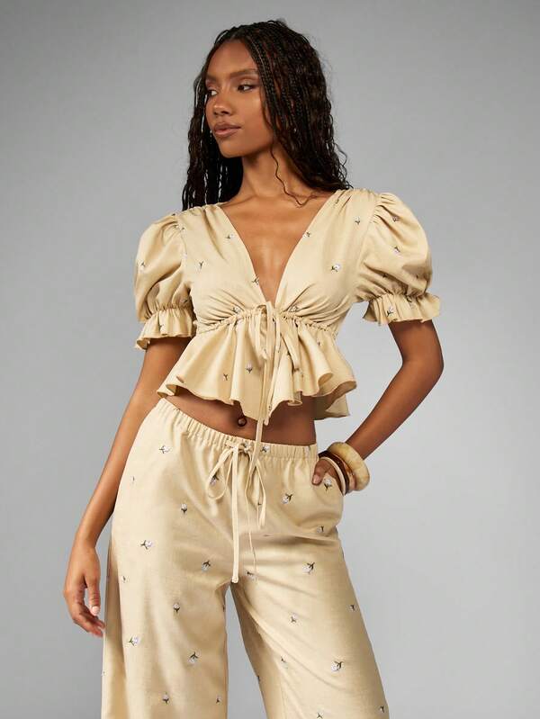 Missguided MISSGUIDED Puff Sleeve Ruffle Wide Leg Coordinates Set