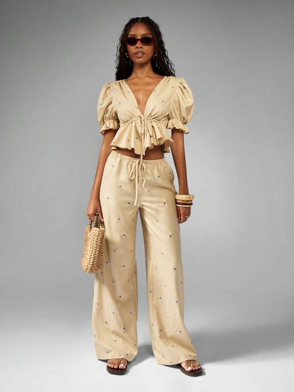 missguided MISSGUIDED Puff Sleeve Ruffle Wide Leg Coordinates Set