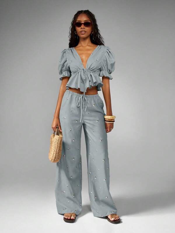 missguided MISSGUIDED Puff Sleeve Ruffled Crop Top With Embroidered Wide Leg Pants