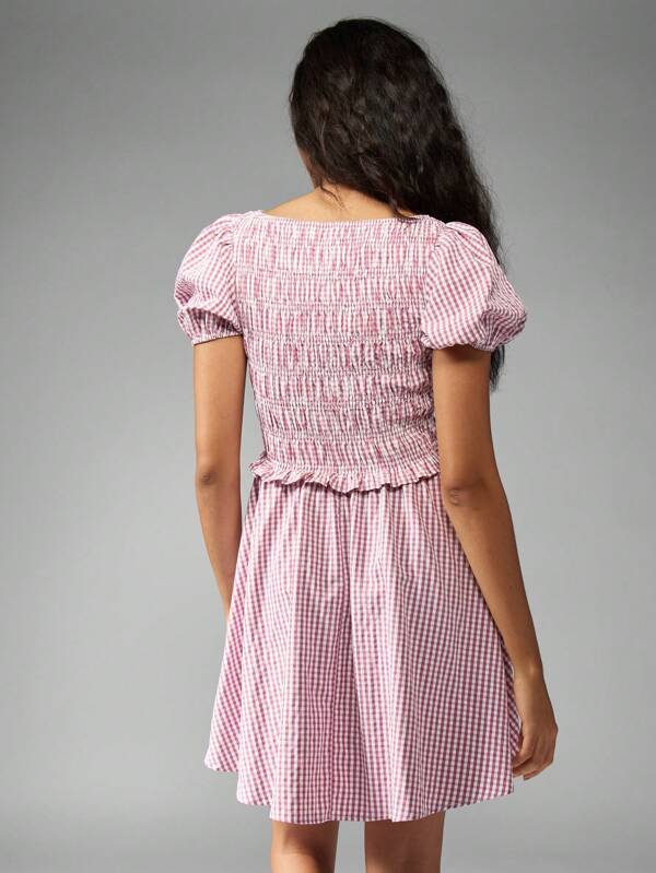 Missguided MISSGUIDED Puff Sleeve Smocked Gingham A-Line Ruffled Hem Mini Dress
