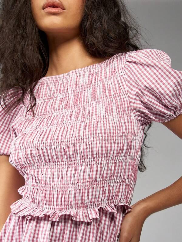 Missguided MISSGUIDED Puff Sleeve Smocked Gingham A-Line Ruffled Hem Mini Dress