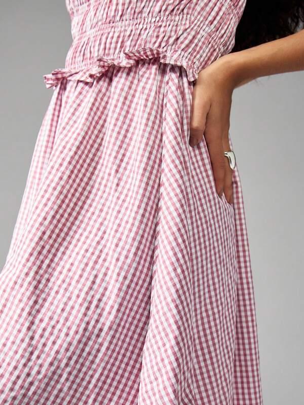 Missguided MISSGUIDED Puff Sleeve Smocked Gingham A-Line Ruffled Hem Mini Dress