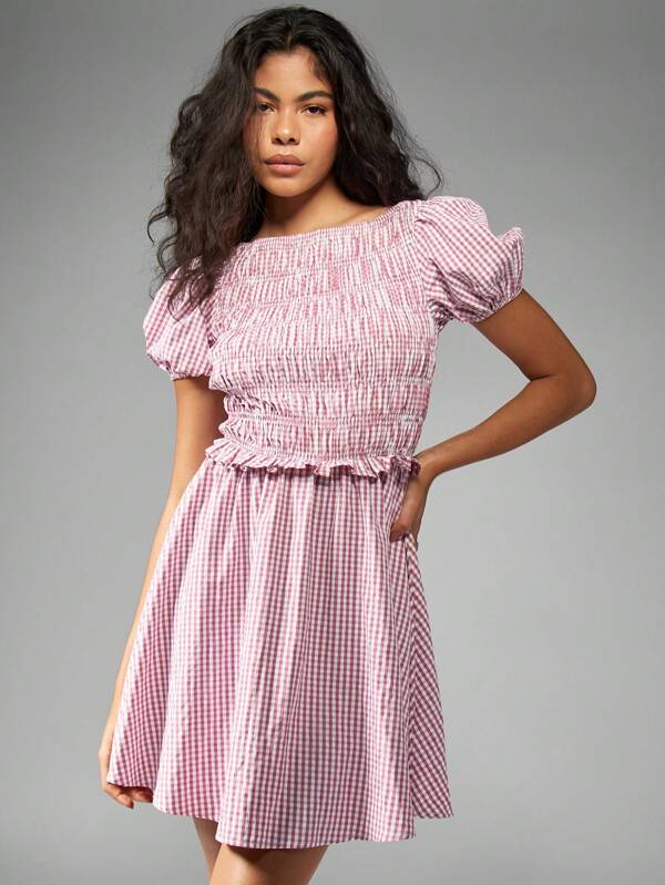 missguided MISSGUIDED Puff Sleeve Smocked Gingham A-Line Ruffled Hem Mini Dress